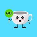 Vector illustration of Cute Coffee Cup mascot or character holding sign says go. Cute Coffee Cup Concept White Isolated. Flat