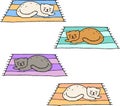 Vector illustration, cute colored domestic cats sleep on the rug