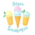 Vector illustration with cute colorful hand drawn cartoon ice creams and lettering Enjoy Summer on white background. Design for Royalty Free Stock Photo