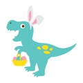 Cute Dinosaur with Bunny Ears Holding Easter Eggs Basket