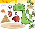 Vector illustration of cute dinosaur carrying meat. Education paper game for kids. Cutout and gluing