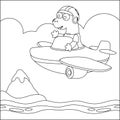Vector illustration of cute dinosaur pilot flies in the sky on an airplane. Creative vector Childish design for kids activity Royalty Free Stock Photo