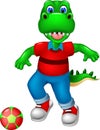 Cute dinosour cartoon playing football with smile and waving Royalty Free Stock Photo