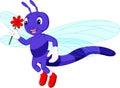 Cute dragonflies cartoon flying with smile and bring flower