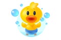 Vector illustration of cute duck with bubbles in bathroom in realistic style. Vector icon of kawaii duck