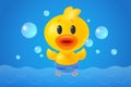 Vector illustration of cute duck with bubbles in bathroom in realistic style. Vector icon of kawaii duck with bubbles Royalty Free Stock Photo