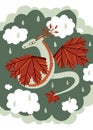 Vector illustration. Cute fairy character autumn dragon. Hand drawn. On sky cloud background.