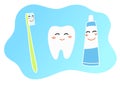 Vector illustration. Cute flat style. Toothpaste, toothbrush, and tooth. Healthy habit. Smiling cartoon characters