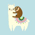 Vector Illustration of cute fluffy cartoon llama or alpaca and sloth. Best friends. Childish print for fabric, t-shirt