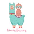 Vector Illustration of cute fluffy cartoon llama and sloth Royalty Free Stock Photo