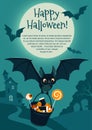 Vector illustration of a cute flying bat carrying a bucket with Halloween candy Royalty Free Stock Photo