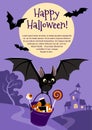 Vector illustration of a cute flying black bat carrying a bucket Royalty Free Stock Photo