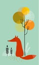 Vector illustration of cute Fox in the autumn forest, flat design