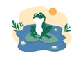 Vector illustration of cute frog sitting on water lily leaf in center of puddle Royalty Free Stock Photo