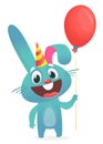 Vector illustration of a cute funny bunny holds air balloon. Birthday party illustration. Vector.
