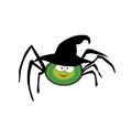 Vector illustration of cute funny green cartoon spider wearing witch hat on white Royalty Free Stock Photo