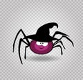 Vector illustration of cute funny purple cartoon spider wearing witch hat isolated Royalty Free Stock Photo