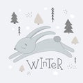 Vector illustration of a cute funny rabbit in winter and winter holidays