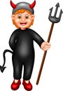 Cute girl cartoon using devil costume with smile and bring stick