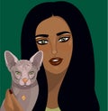 Vector illustration of a cute girl with cat of breed the Sphinx.