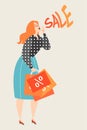 Vector illustration of a cute girl holding palm near face and screaming about a sale