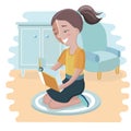 Vector illustration of cute girl reading a book on yellow background Royalty Free Stock Photo