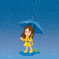 Vector illustration cute girl under embrella with raining background. Cartoon character.