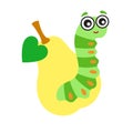 Vector illustration of cute green caterpillar on a yellow pear in a cartoon style