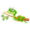 Vector Illustration Of Cute Green Smiles Snake On Branch. Royalty Free Stock Photo