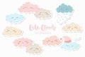 Vector illustration with cute hand drawn cartoon clouds stickers collection isolated on white background. Design for print, fabric Royalty Free Stock Photo