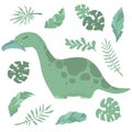 Vector illustration with cute hand drawn cartoon dinosaur, leaves and branches isolated on white background. Design for print, Royalty Free Stock Photo