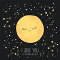 Vector illustration with cute hand drawn cartoon moon, stars and quote I love you to the moon and back isolated on black Royalty Free Stock Photo