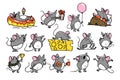 Vector illustration of cute hand drawn grey mouse character in different situations: hold cheese, jump, give present, read, win, s