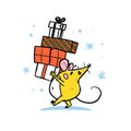 Vector illustration of cute hand drawn happy mouse character carry big pile of gifts and present boxes on snowy background.