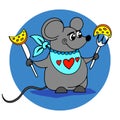 Vector illustration of cute hand drawn mouse character holding two cheese slices Royalty Free Stock Photo