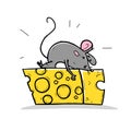 Vector illustration of cute hand drawn mouse character laying happy on big cheese slice isolated on white background. Royalty Free Stock Photo