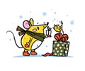 Vector illustration of cute hand drawn mouse character and little bird giving presents on snowy background.