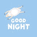 Vector illustration with cute hand drawn sheep and lettering Good night isolated on blue background. Design for card, baby room Royalty Free Stock Photo