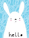 Vector Illustration with Cute Hand Drawn White Rabbit on a Blue Background.