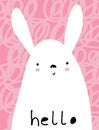 Vector Illustration With Cute Hand Drawn White Rabbit On A Pink Background.