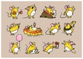 Vector illustration of cute hand drawn yellow mouse character in different situations: jump, read, win, swim, yawn. isolated