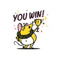 Vector illustration of cute hand drawn yellow mouse character winner holding victory cup isolated on white background Royalty Free Stock Photo