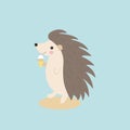 Vector illustration of cute hedgehog with ice cream on blue background. Royalty Free Stock Photo