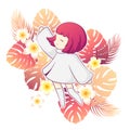 Vector illustration with cute kawaii anime girl character and colorful tropical plants Royalty Free Stock Photo