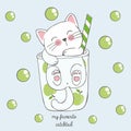 Cute kawaii cat in anime style in a glass of apple cocktail with green bubbles, drawing for childrens menu, cocktail party