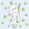 Cute kawaii cat in anime style in a glass of lime cocktail with green bubbles, drawing for childrens menu, cocktail party