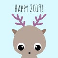 Vector illustration with cute kawaii reindeer and phrase: 'Happy 2019'