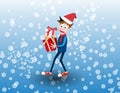 Vector illustration of a cute kid happy with Christmas presents, smile kid cartoon on Christmas day with snow background, a child Royalty Free Stock Photo