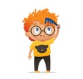 Vector Illustration of cute kindergarten red head Kid Boy combs his tousle hair ruffle comb. Morning hygiene for kids