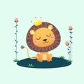 Vector illustration of a cute lion with flowers